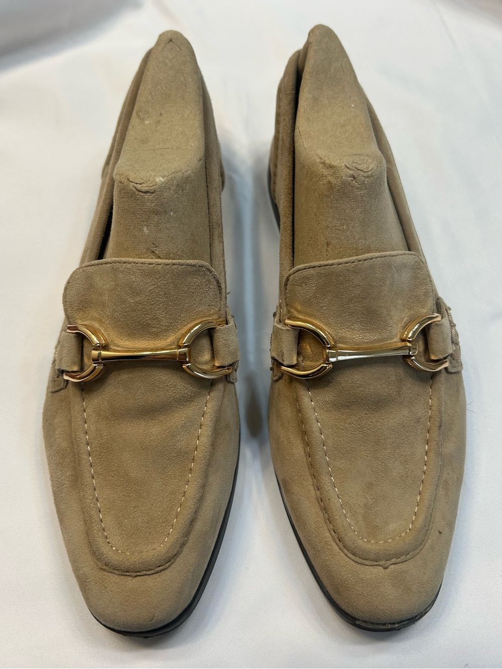 Steve Madden “Carrine” Tan Suede Loafers with Gold Horsebit accent